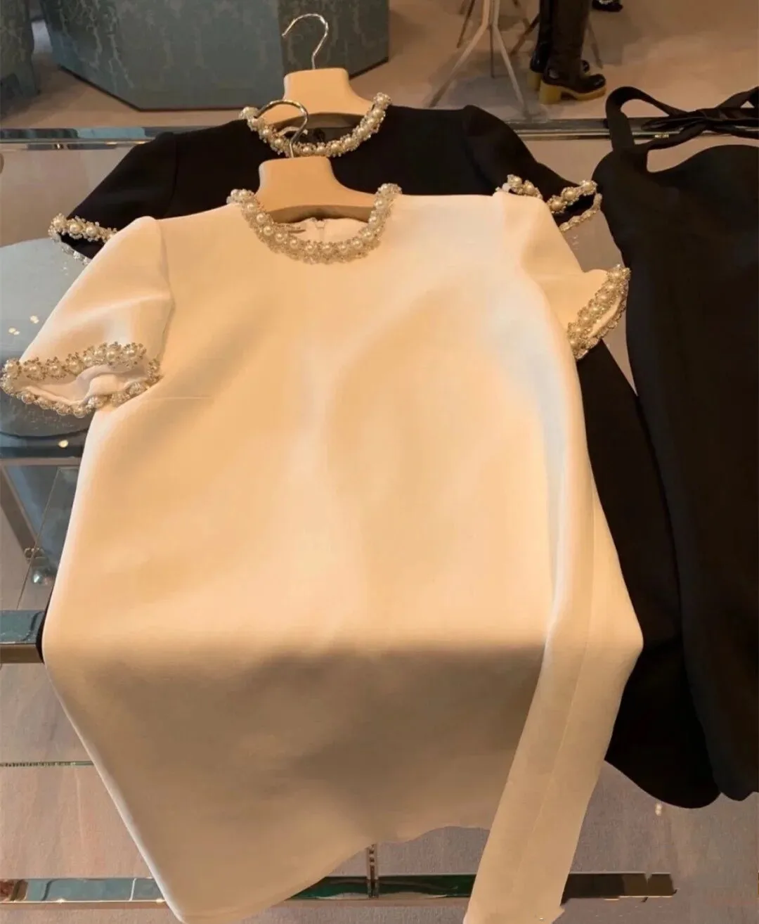 

Women Dress High Quality Pearl Diamond O-Neck A-Line Dress Short Sleeve Elegant Slim Waist Ladies Star Brand New
