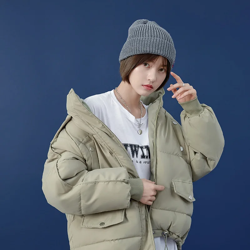 2021 Casual  Parkas Winter Jacket Women Drawstring Loose Solid  Hooded  Cotton Jackets  Fashion Solid Thick Short Coats Overcoat