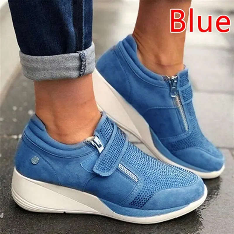 blue HEFLASHOR Новое поступление; женские повседневные кроссовки из флока на высоком каблуке; дышащая обувь на платформе, увеличивающая рост - Цвет: blue