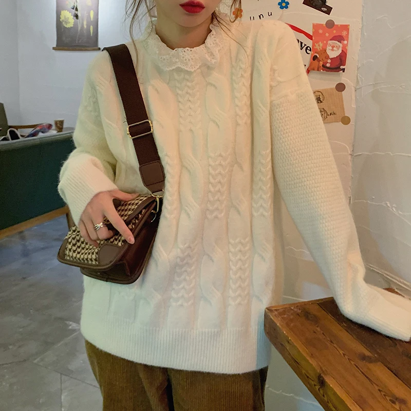 

Lucyever Patchwork Lace Red Sweaters Women 2021 Spring Sweet Style Knit Pullovers Woman Korean Casual Loose Long Sleeve Jumpers
