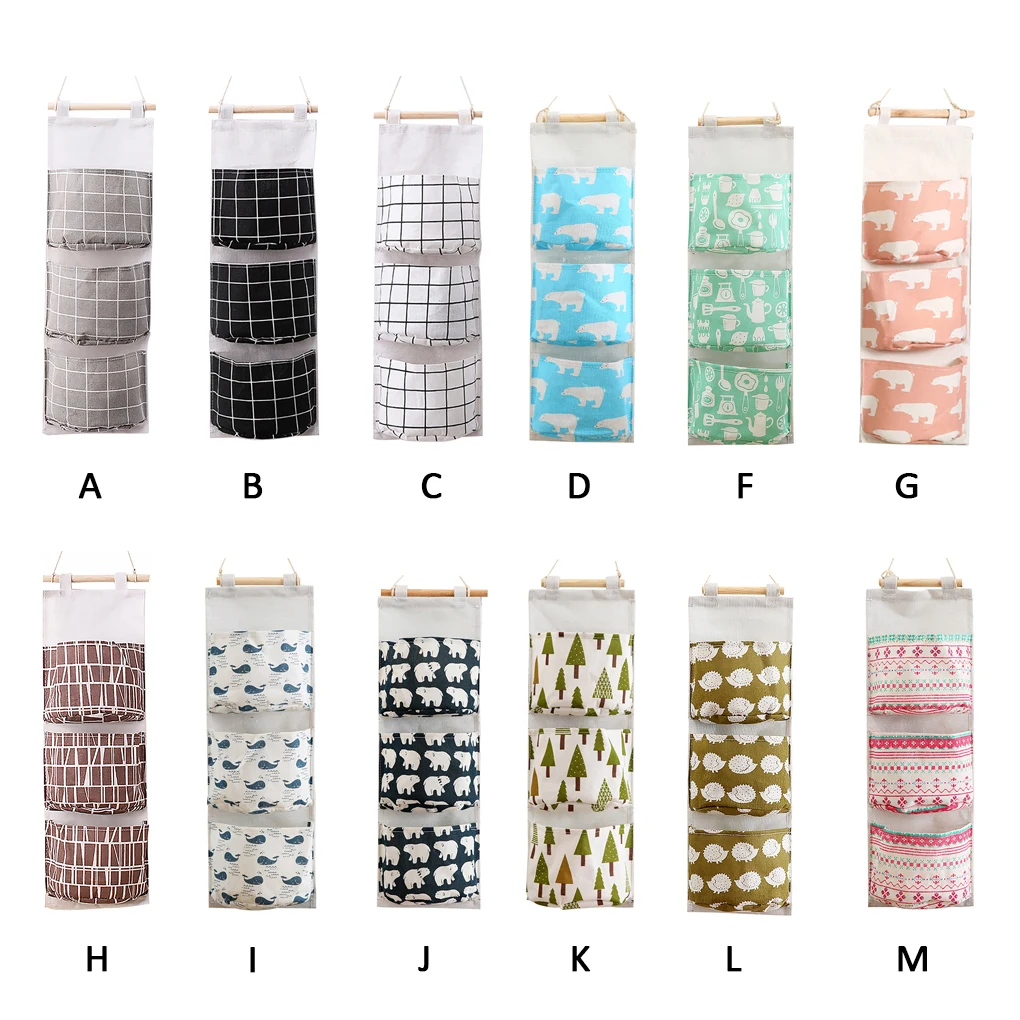 

Flamingo Pattern Cotton Linen Hanging Storage Bag 3 Pockets Wall Mounted Wardrobe Hang Bag Wall Pouch Cosmetic Toys Organizer