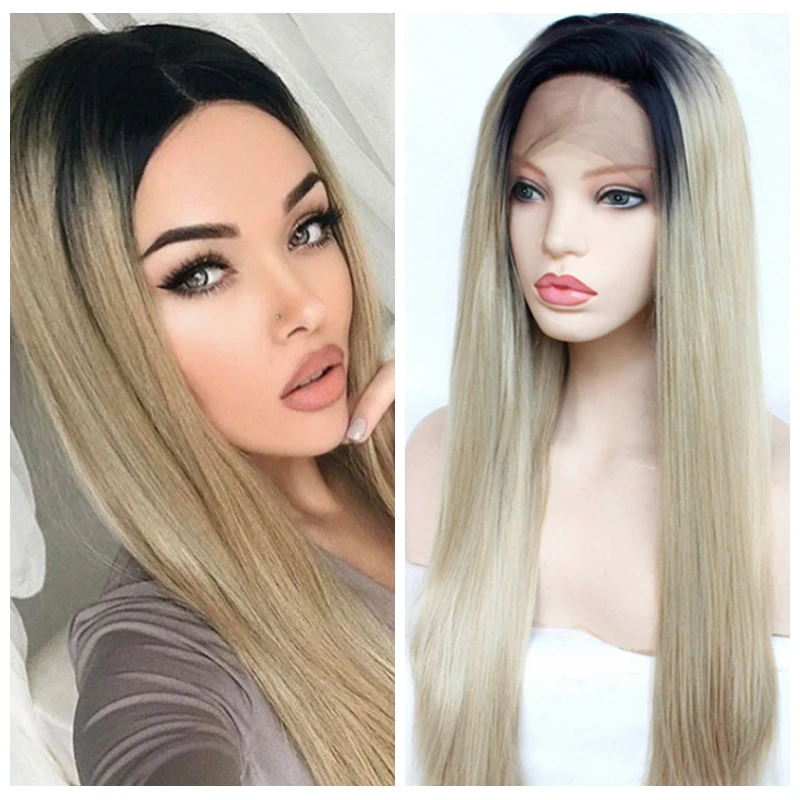 

MR Synthetic Lace Front Wigs Long Straight Hair Black Ombre Blonde Daily Party Wig for Black White Women Heat Resistant Fiber