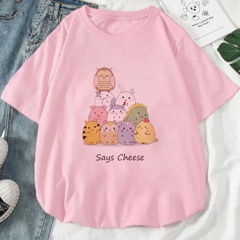 

Summer Women T-shirt Says Cheese Kawaii Animal Printed Tshirts Casual Tops Tee Harajuku 90s Vintage Pink Tshirt Female Clothing