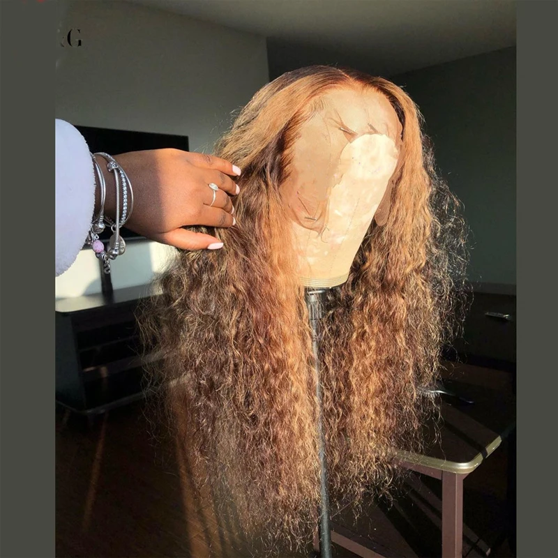 

Brazilian Highlight Ombre Brown Kinky Curly Wigs T Part 13x4/6Lace Front Human Hair Wig For Women With Baby hair Bleached Knots