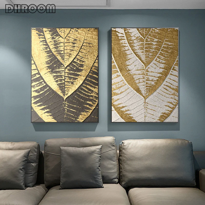 Золотое современное абстрактное искусство настенная картина с текстурой листьев растений плакат на холсте нордическая печать живопись декоративная картина для гостиной.