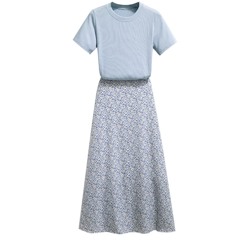

Women Sweet Knit Top+ Midi Floral Print Skirt Suits 2021 Summer Casual Two Piece Sets Girls Students