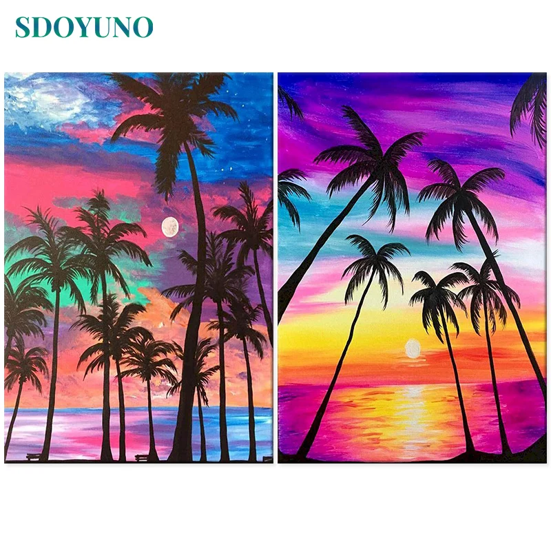 

SDOYUNO 60x75cm Paint By Numbers Kits Scenery DIY Painting By Numbers On Canvas Beach Coconut Tree Frameless Digital Hand Painti