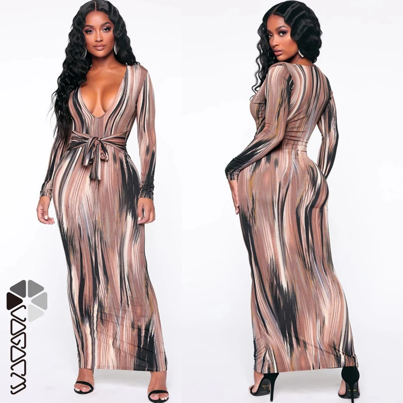 

Women Bodycon Maxi Dresses Sexy Elegant Autumn Temperament Personality Print Long Sleeve V-Neck Club Party Vintage Streetwear
