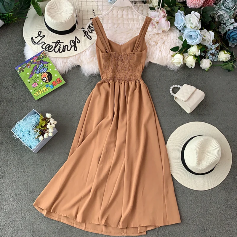 Женское шифоновое платье на бретельках в пляжном стиле до колен с V образным