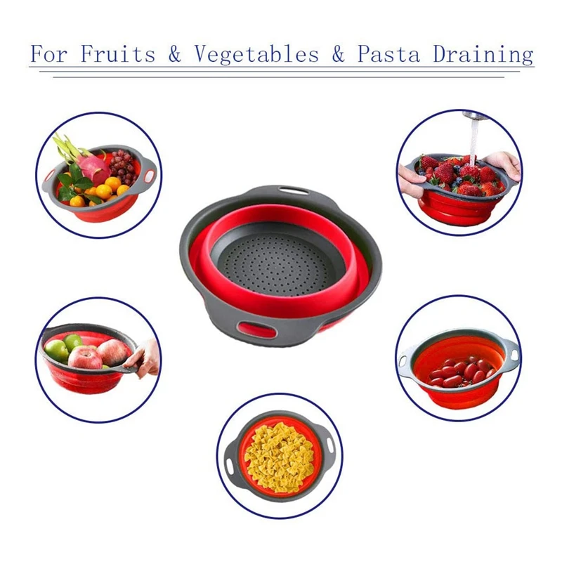 

3Pcs Collapsible Colander Set Foldable Filter with Handle for Fruits Silicone Kitchen Strainer Red