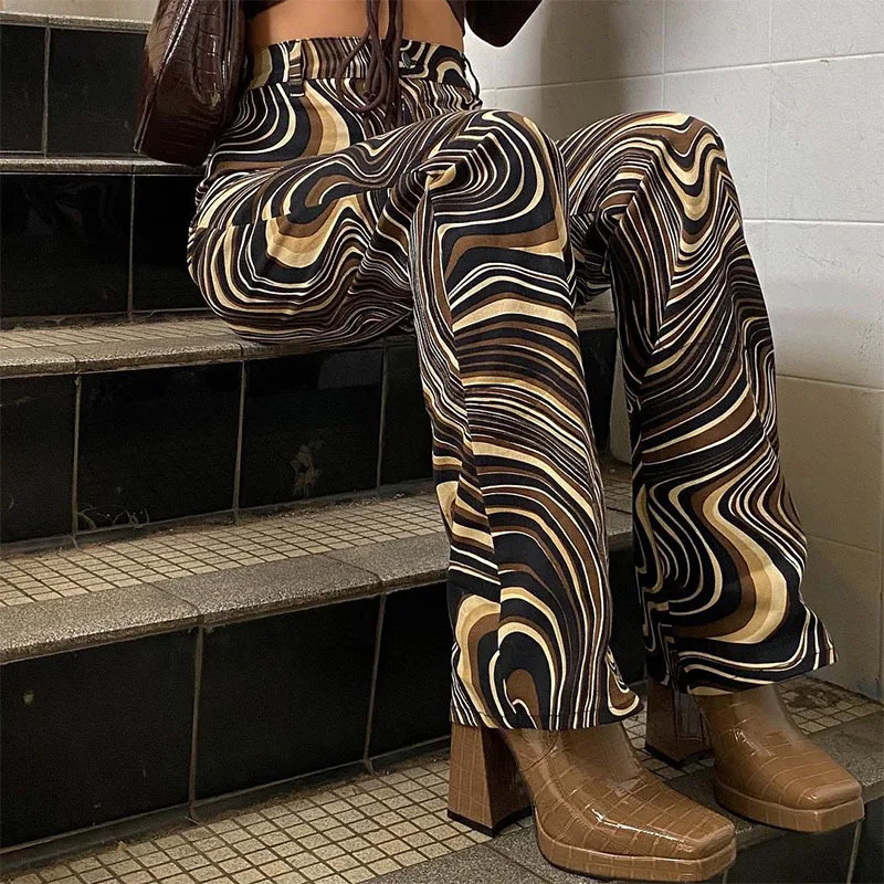 

Summer new style vortex water ripple printing contrast color high-waist straight-leg pants trousers women