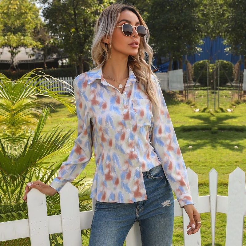 

2021 Spring Summer New Cardigan Casual Tops Ladies Open Back Tie Dye Lapel Long Sleeve Printed Shirt Women For Fashion