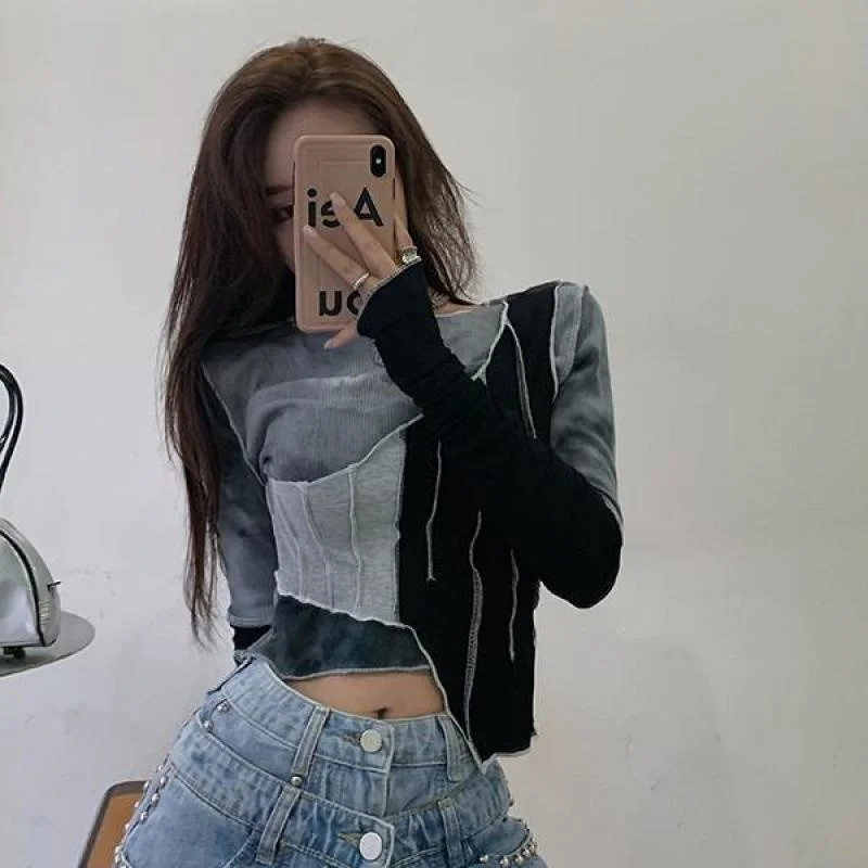 

Tie-dye Color Matching Irregular T-shirt Women Sexy Slim Crop Top Chic Design Korean Style Long Sleeve T-shirt Spring