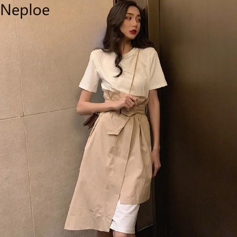 Neploe Женский комплект из двух предметов, одноцветное платье с круглым вырезом и коротким рукавом+ Женская юбка с неровным шнурком, модные костюмы 45143
