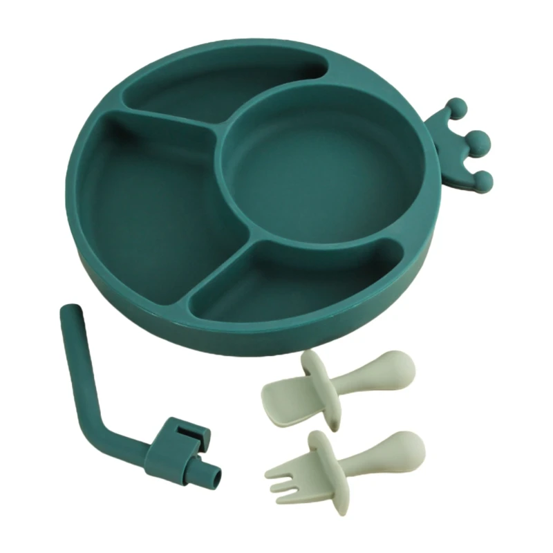 

H3CD 4 Pcs Baby Silicone Dinner Plate Sucker Bowl with Straw Spoon Fork Set Anti Slip Suction Divided Dish Tray Training Feeding
