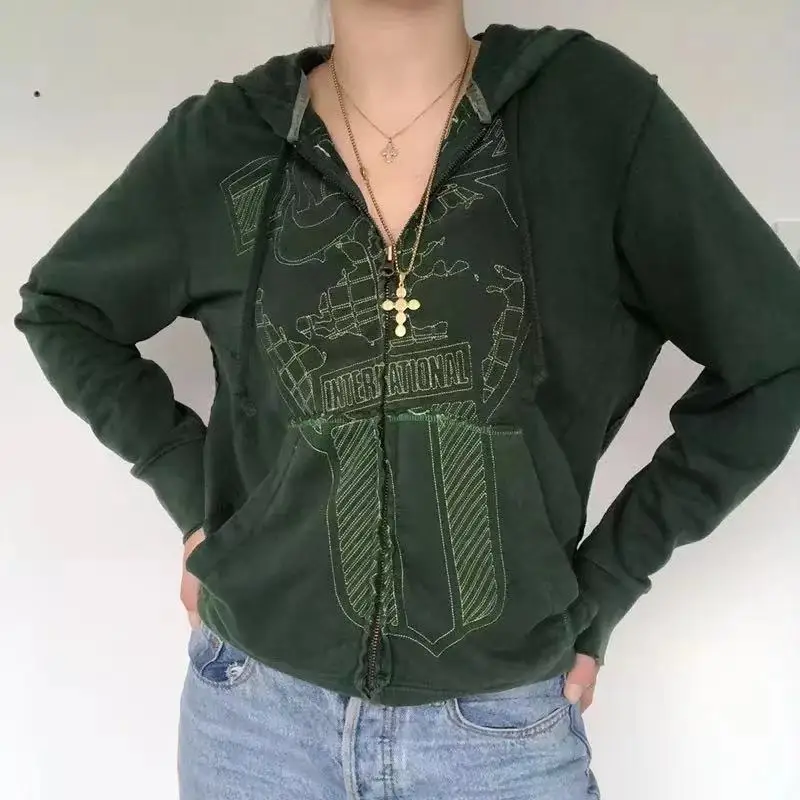 

Women Hoodies with Pockets 90s Vintage Graphic Y2K Aesthetic Coat Top E-girl Sweatshirts Spring Autumn Printed Zipper Closure