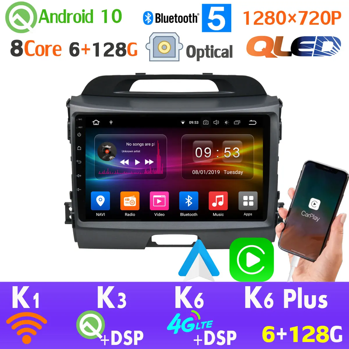 Автомобильный мультимедийный плеер 6G + 128G QLED 1280*720P Android 10 для Kia Sportage R 3 4 SL 2010 2016 GPS
