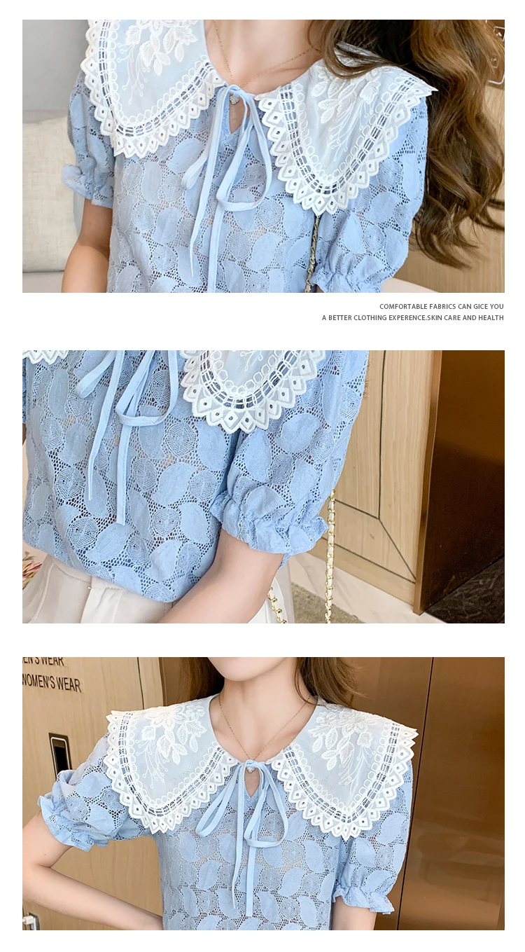 

Women's Blouses Summer Tops Korean New Doll Collar Shirts Solid Color Splicing Loose Short Sleeve Fashion Casual Lady Blusas