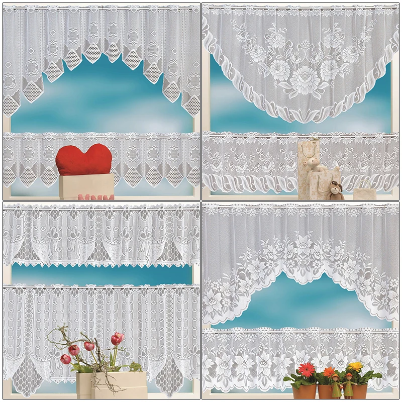 

2PCS European White Translucent Coffee Curtain Kitchen Curtain Tulle Lace Sheer Warp Knitted Jacquard Curtains Bedroom Curtains