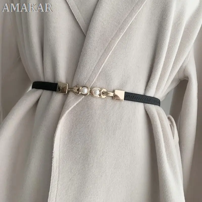 

Fashion Double Pearl Belt Accessories Dress Skirt Waist Elastic PU Leather Double Pearl Belt Thin Belts Ladies Waistband
