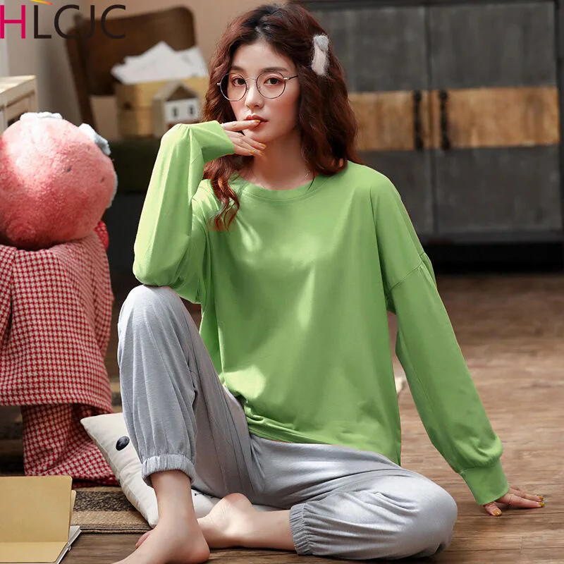 

Шесть цветов, Женский пижамный комплект, милая однотонная одежда для сна, одежда для сна с круглым вырезом, модная длинная Пижама, Mujer, 2 шт., н...