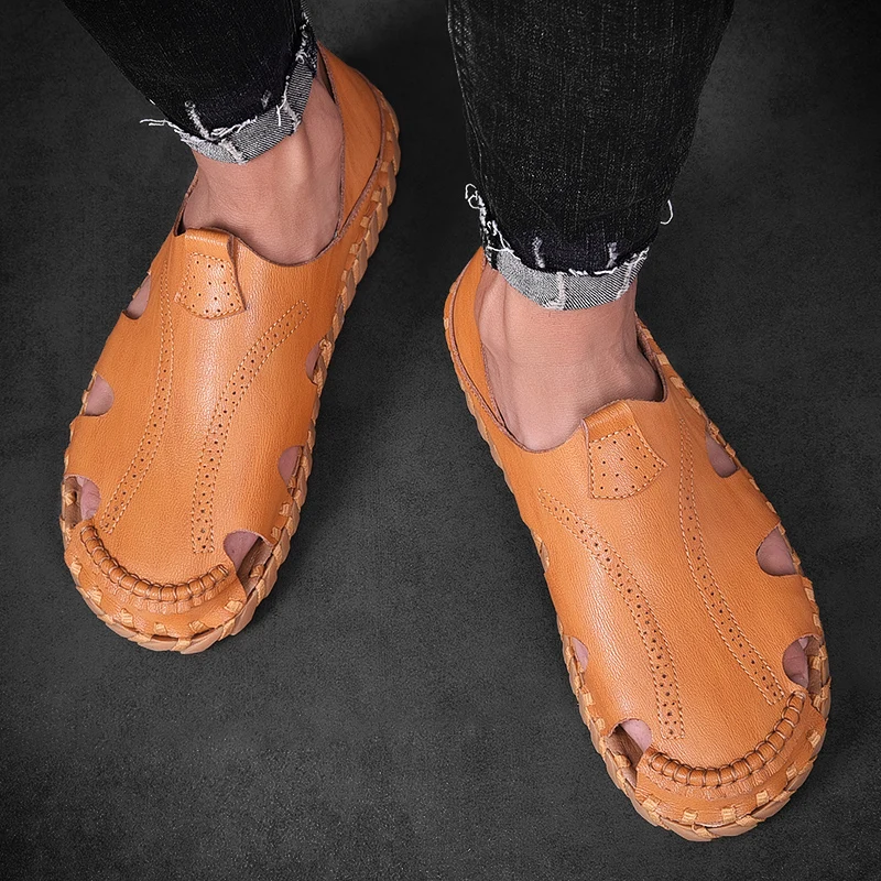 Сандалии мужские дышащие пляжная обувь с пряжкой Прошитые вручную гладиаторы