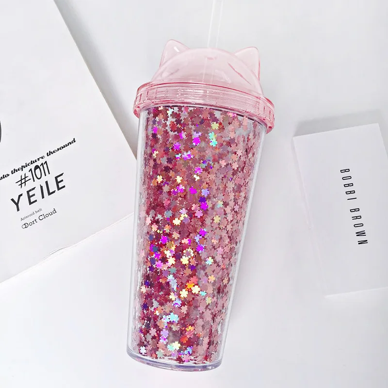 

Cartoon Cute Straw Plastic Water Bottle with Straw Drinking Cup Creative Cat Ear Shape Glitter Star Student Girl Gift