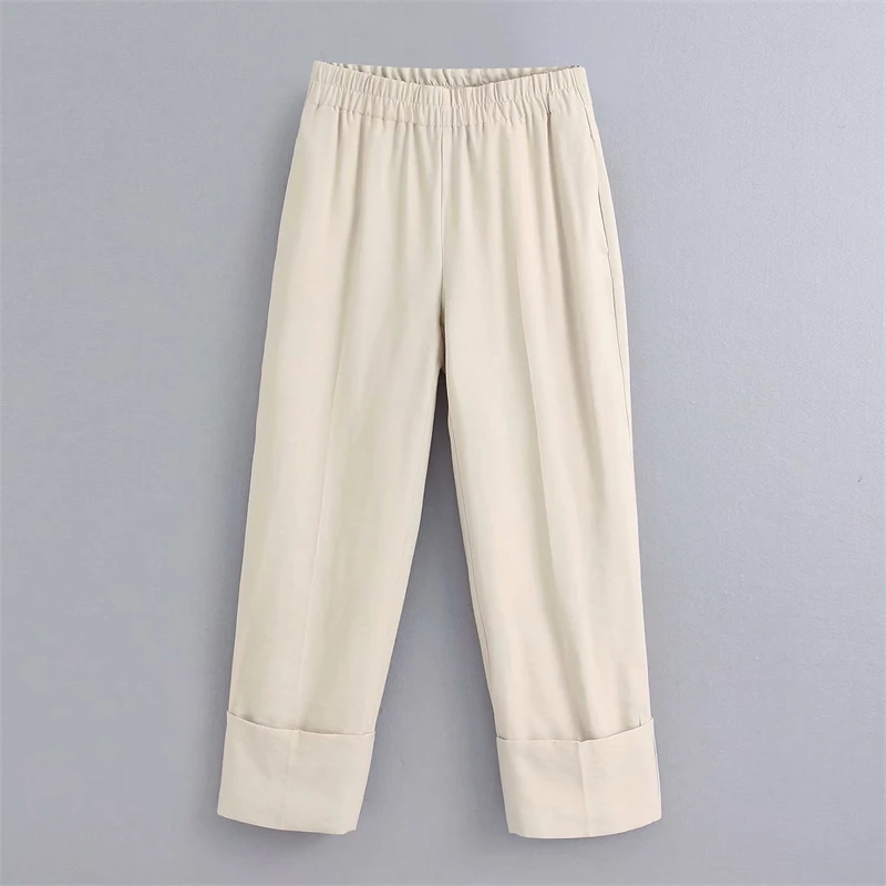 

YOSIBCD Women 2021 Chic Fashion Office Wear Turn Up Pants Vintage High Elastic Waist Side Pockets Female Ankle Trousers Mujer