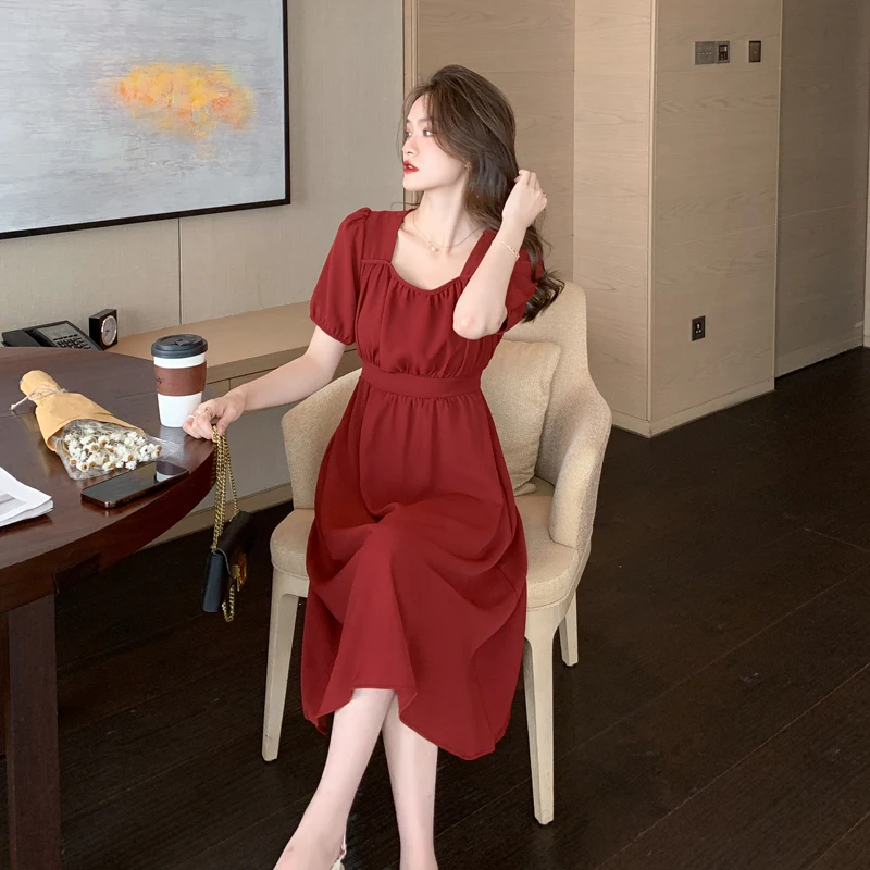 

COIGARSAM Cute Women Long dress French Style Vintage Dresses Red Black 1818