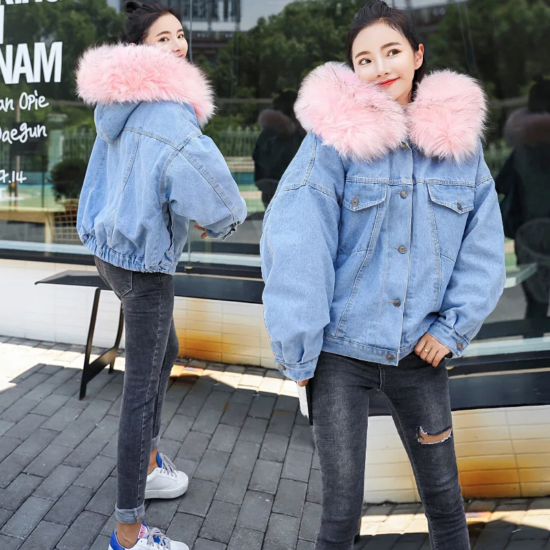 

Women Winter New Fashion Loose Large Fur Collar Hooded Denim Parkas Female High Street Brand Coat Ladies Thick Warm Coats ML831
