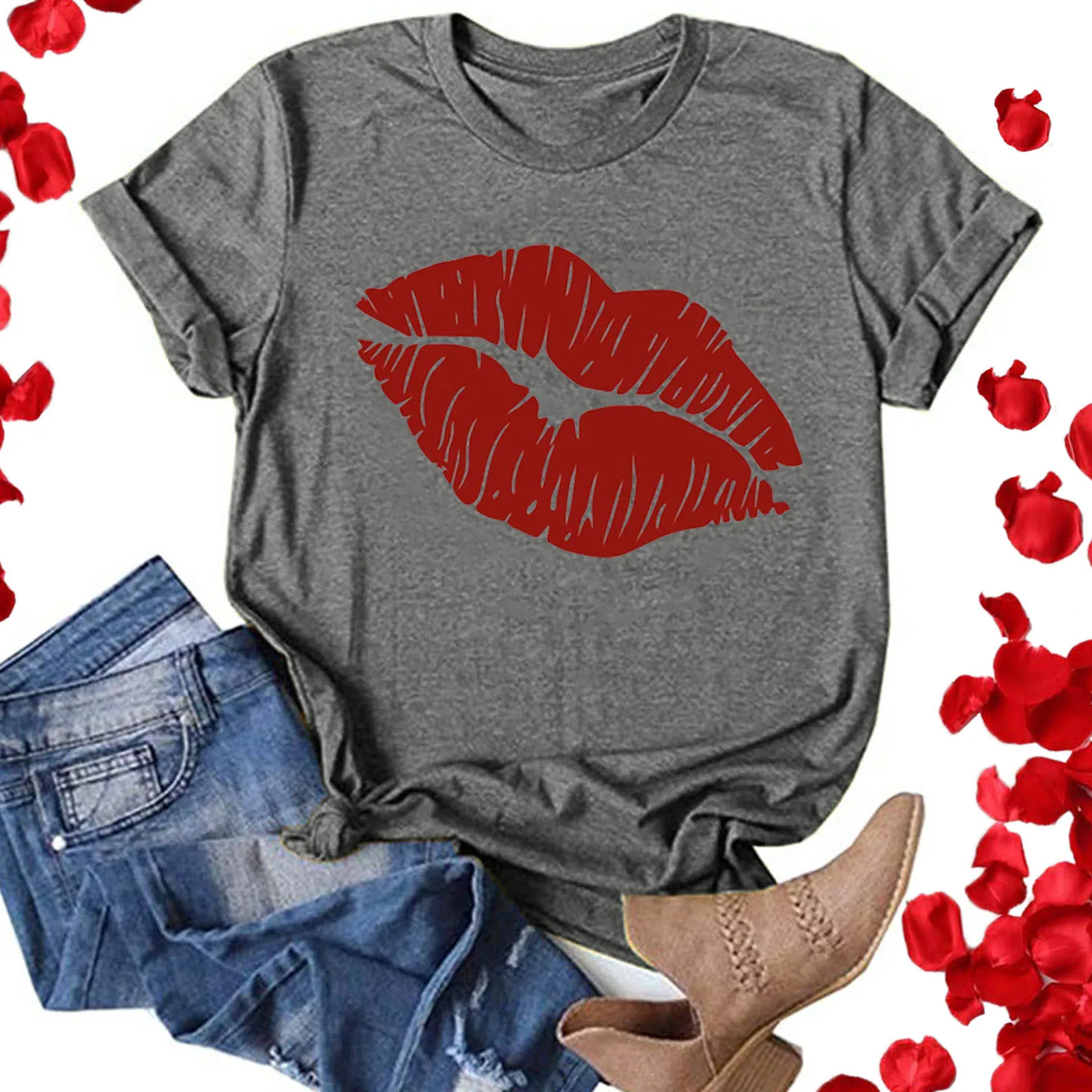 Модная полосатая футболка с принтом губ Повседневная Свободная круглым вырезом