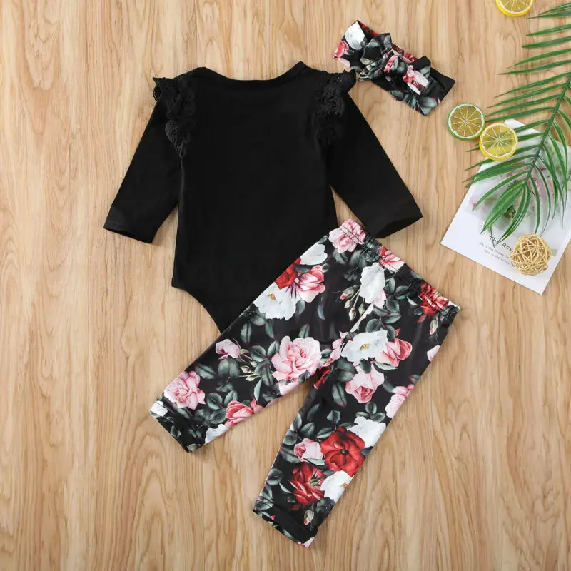 

UK Toddler Baby Girl Clothes Long Sleevet Romper Tops Floral Pants Headband Outfit 3PCS CANIS