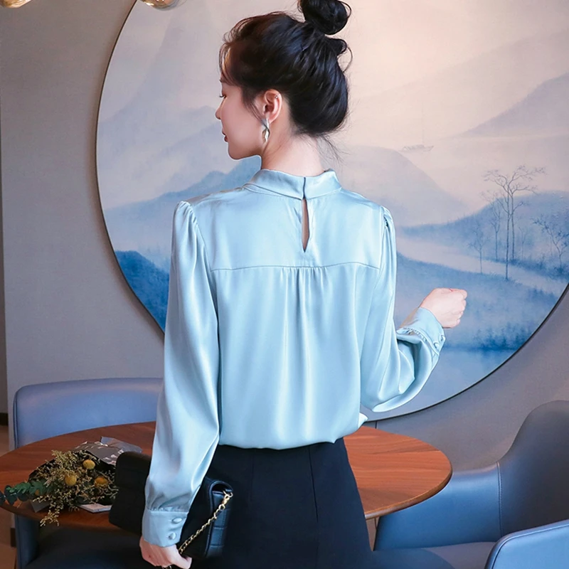 

New design tie satin silk shirt women blouse elegant long-sleeved solid female tops fashion office ladies OL work shirt