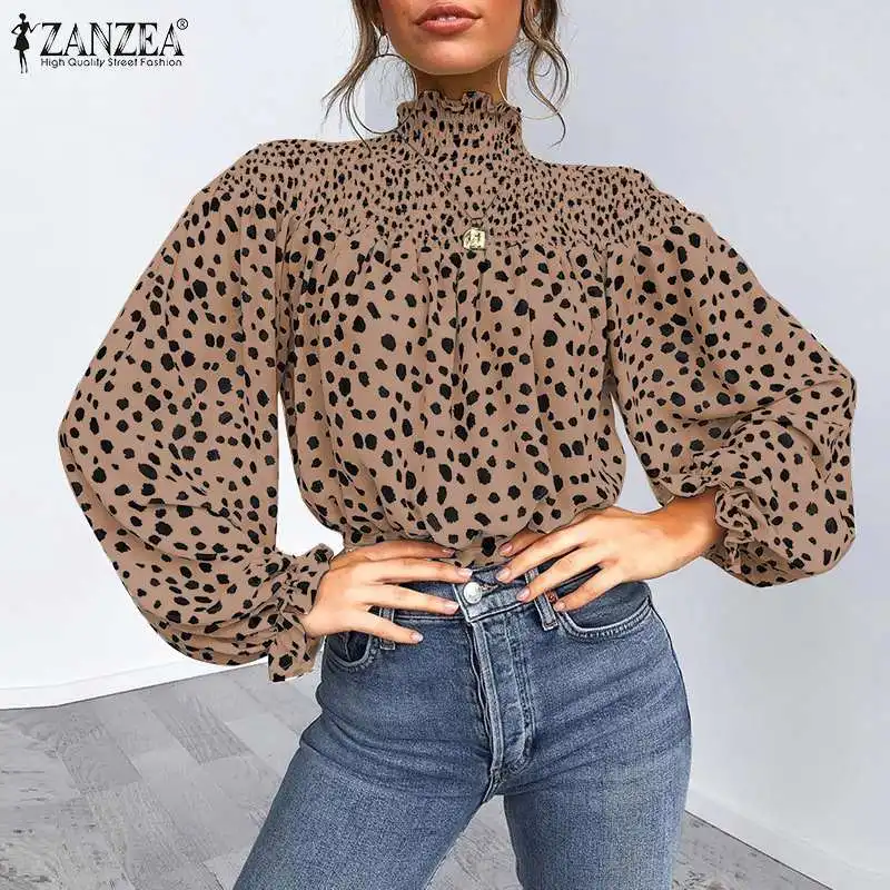 

2021 ZANZEA Women Fahsion Leopard Printed Blouse Spring Office Lady Puff Sleeve Tops Casual Bandage Turtleneck Oversized Blusa