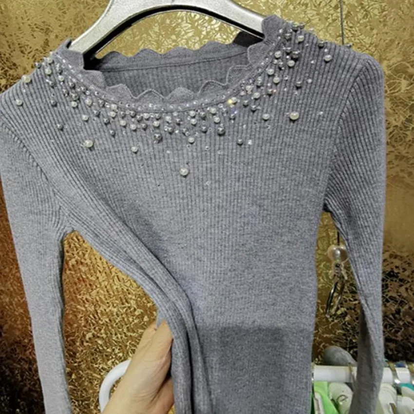 Свитер женский осенне-зимний блестящий с жемчужной отделкой | Женская одежда