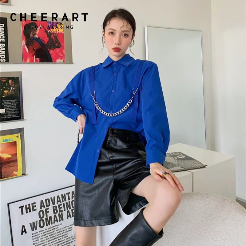 

CHEERART Klein Blue Button Up Shirt For Women Chain Long Sleeve Designer Top And Blouse Collared Shirt Fall 2021 Womens Fashion