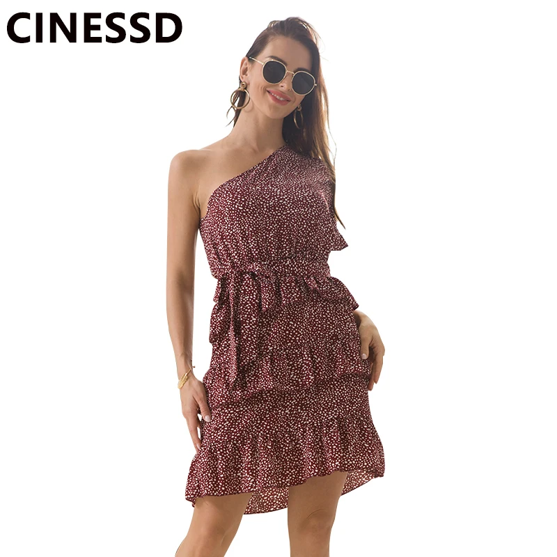 

CINESSD Sexy One Shoulder Floral Chiffon Dress Women Black Ruffles A Line High Waist Casual Pleated Party 2020 Short Print Dress