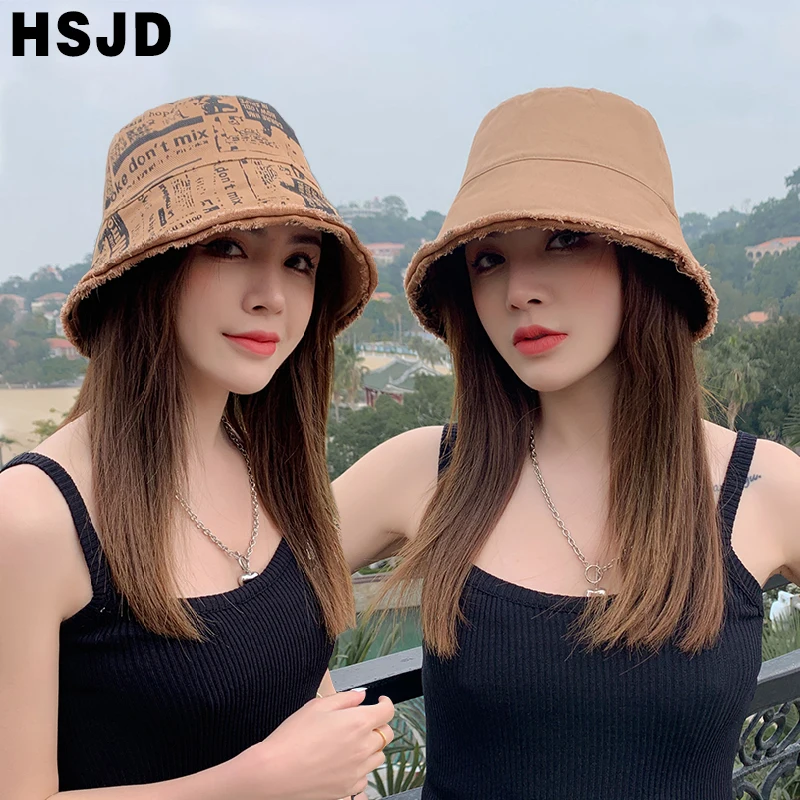 

Summer Women Double Sided Sun Hats Retro Newspaper Print Bucket Hat Fold Burrs Wide Brim Floppy Panama Fisherman Caps Hip Hop