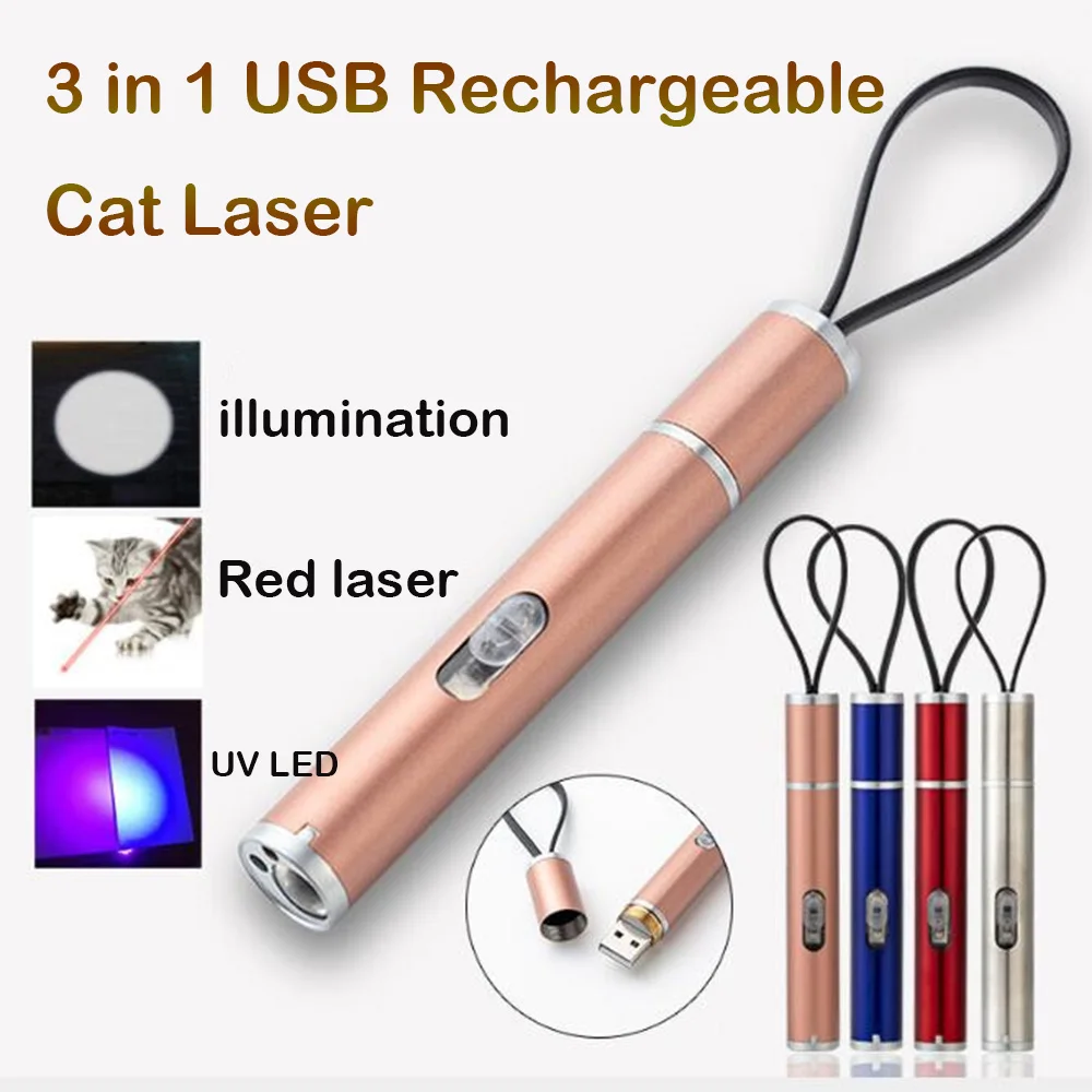 3 в 1 кошка игрушка USB Перезаряжаемые лазерная указка со светодиодом мини Алюминий