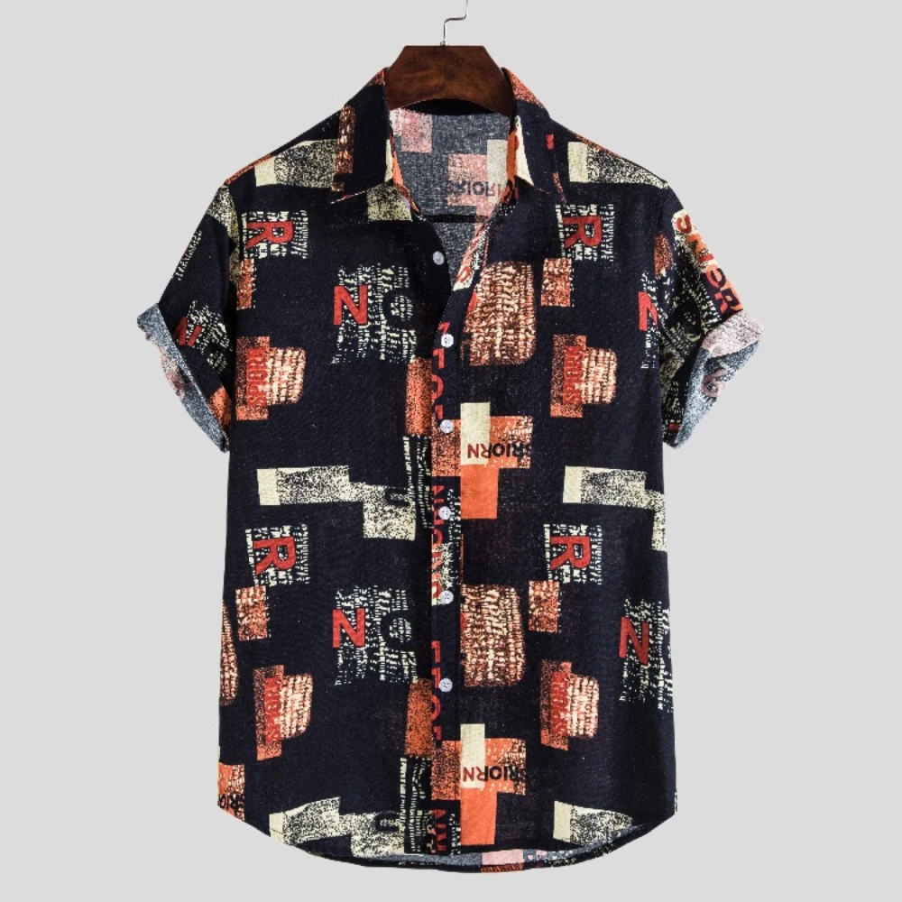 

Mens Letter Print Summer Button Vintage Shirts Short Sleeve
