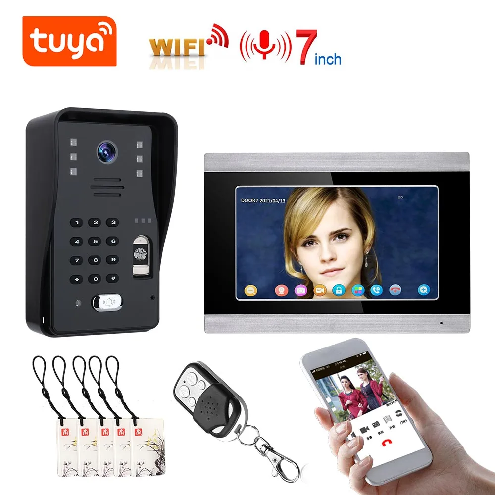 

TUYA Video Intercom WIFI RFID Fingerprint Video Door Phone System Home Intercom with 7 Inch Support Remote APP unlocking,Reco