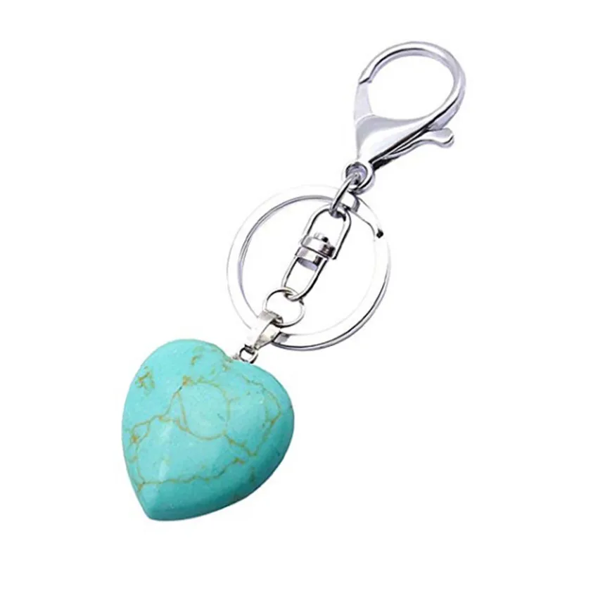 

Silver Plated Circle Love Heart Green Turquoises Stone Key Chain Opalite Opal Romantic Style Jewelry
