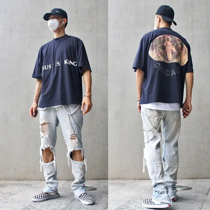 

Kanye West Kids See Ghosts Oversize Jesus is King T Shirt Tour Commemorative Printed Retro Loose Harajuku Crew Neck Short Sleeve