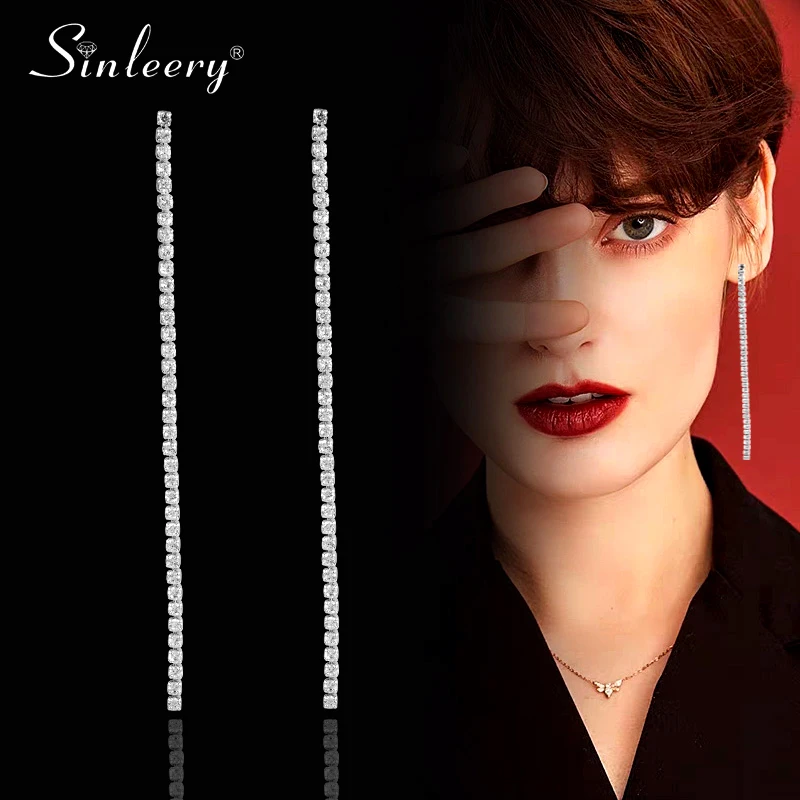 

SINLEERY Simple Shiny Full Crystal Long Line Drop Earrings For Women Silver Color wedding accessories Party Jewelry ES235 SSB