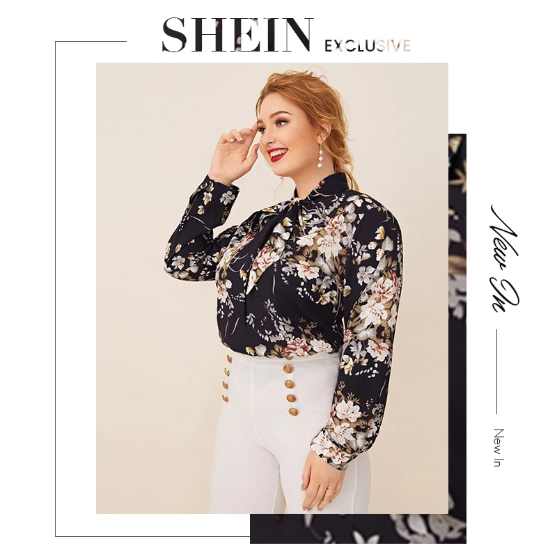SHEIN, плюс размер, темно-синий топ с завязками на шее, с растительным принтом, для женщин, осень, однотонный, элегантный, для офиса, для женщин, s, плюс, топы и блузки