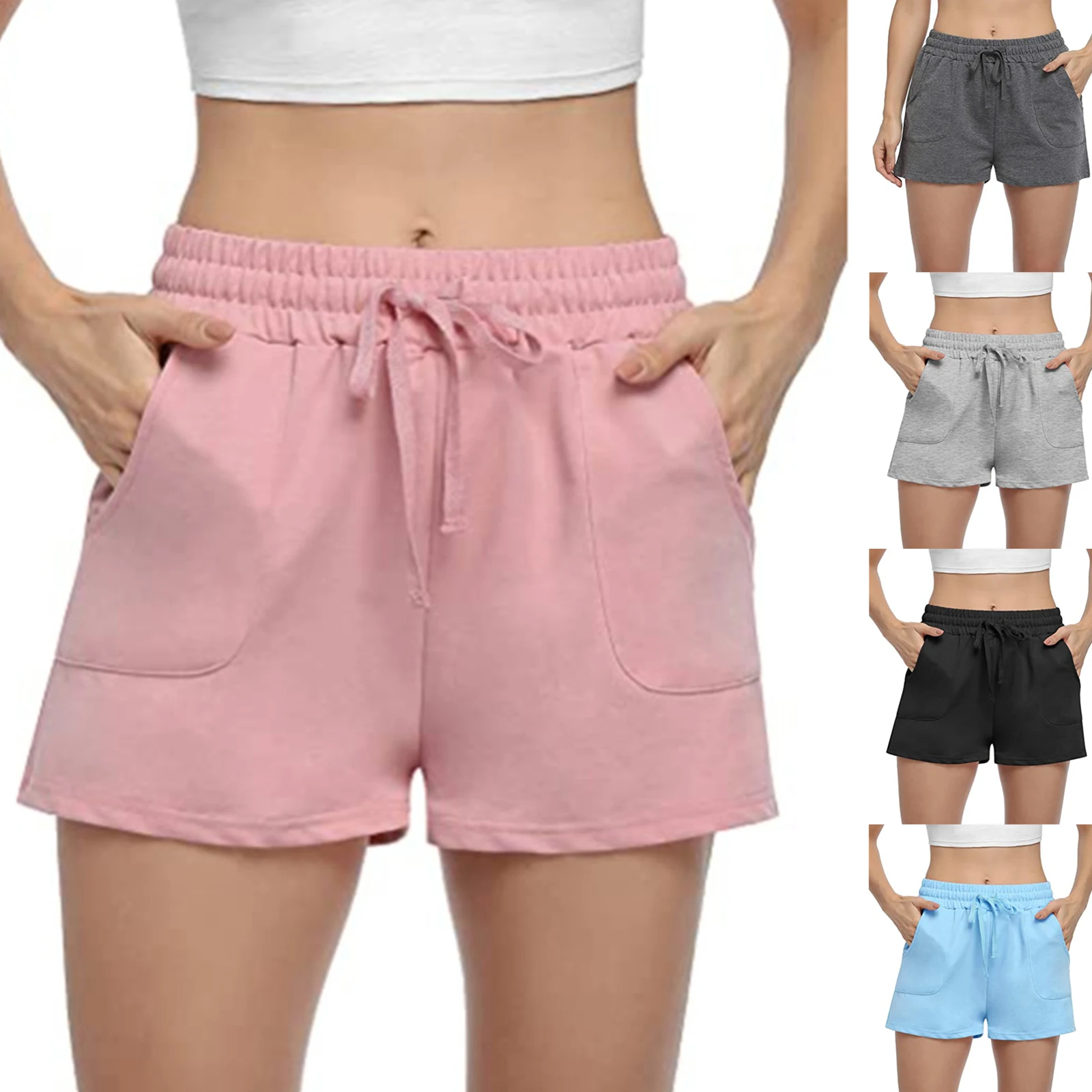 

Women High Waist Sport Shorts, Solid Color Loose Fit Shorts with Pockets for Summer