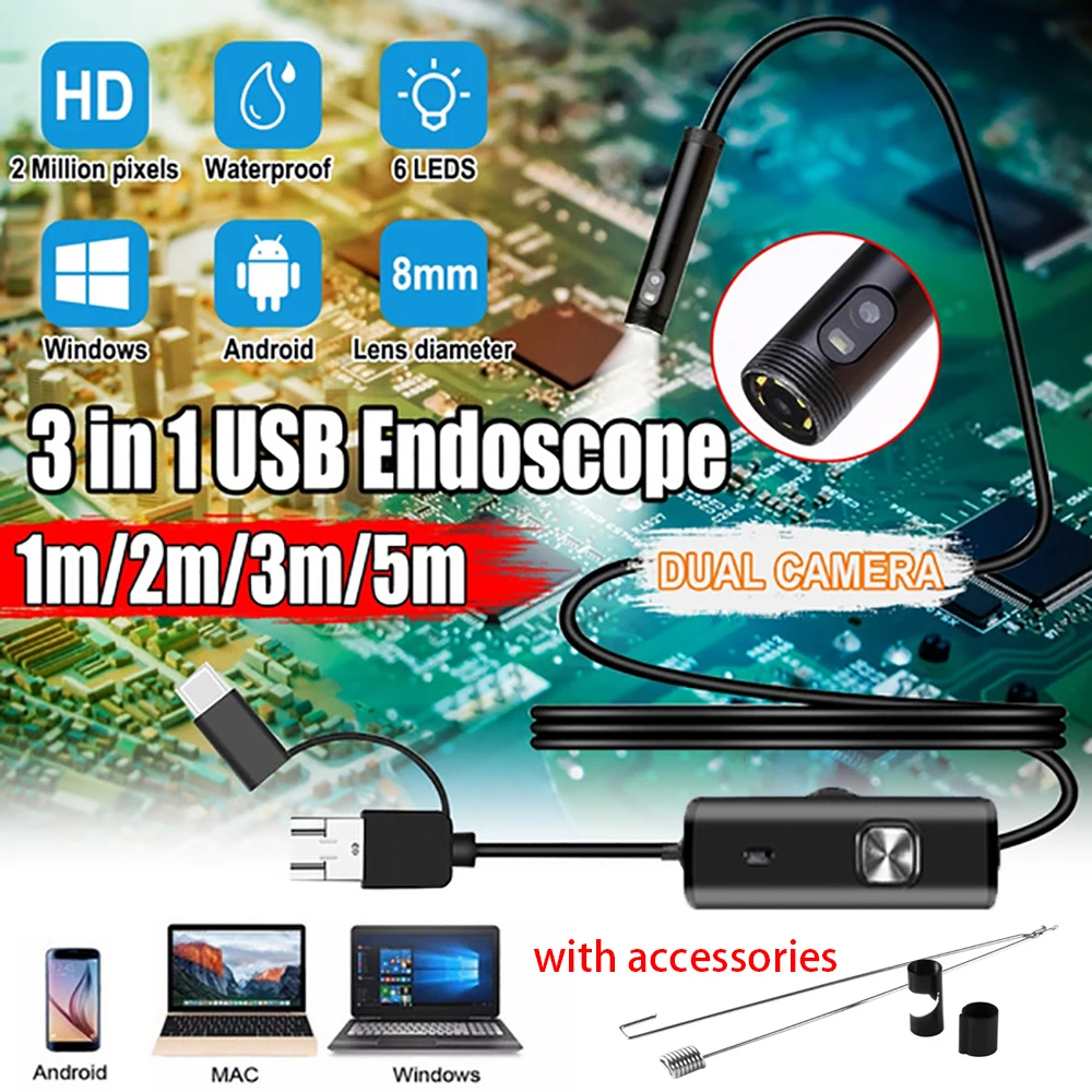 Usb мобильный эндоскоп, две камеры, Android 8 мм, автомобильный двойной объектив, эндоскопический, 3 в 1, инспекционная камера, трубопровод, бороско...