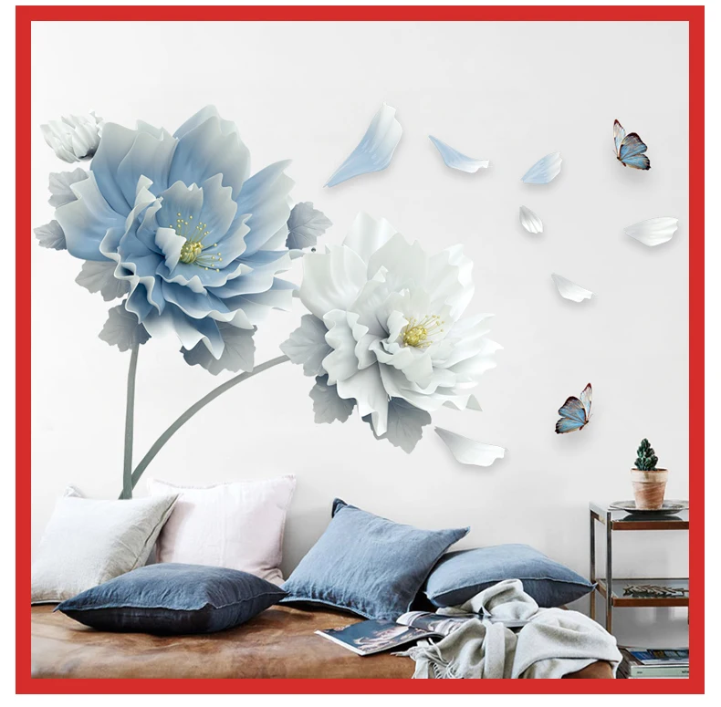 Large White Blue Flowers Lotus Butterfly Removable Wall Stickers 3D Wall Art Decals Mural Art for Living Room Bedroom Decor