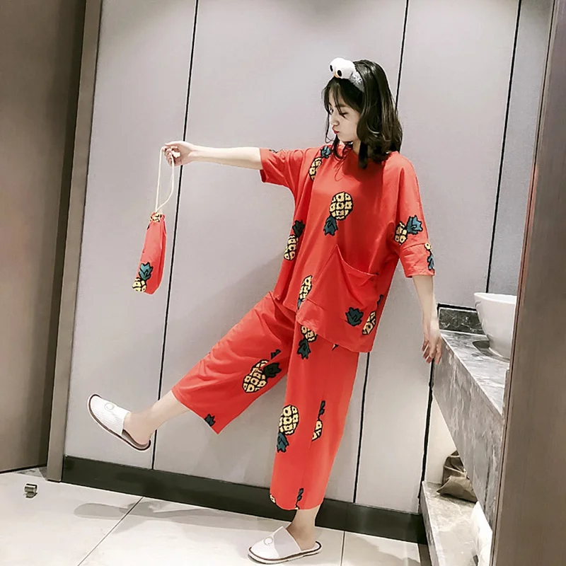 

2Pcs Plus Size Summer Women Pajama Set Sleepwear Cartoon Print Cute Home Suit Short Sleeve Sweet Women Pajamas Set Pyjamas