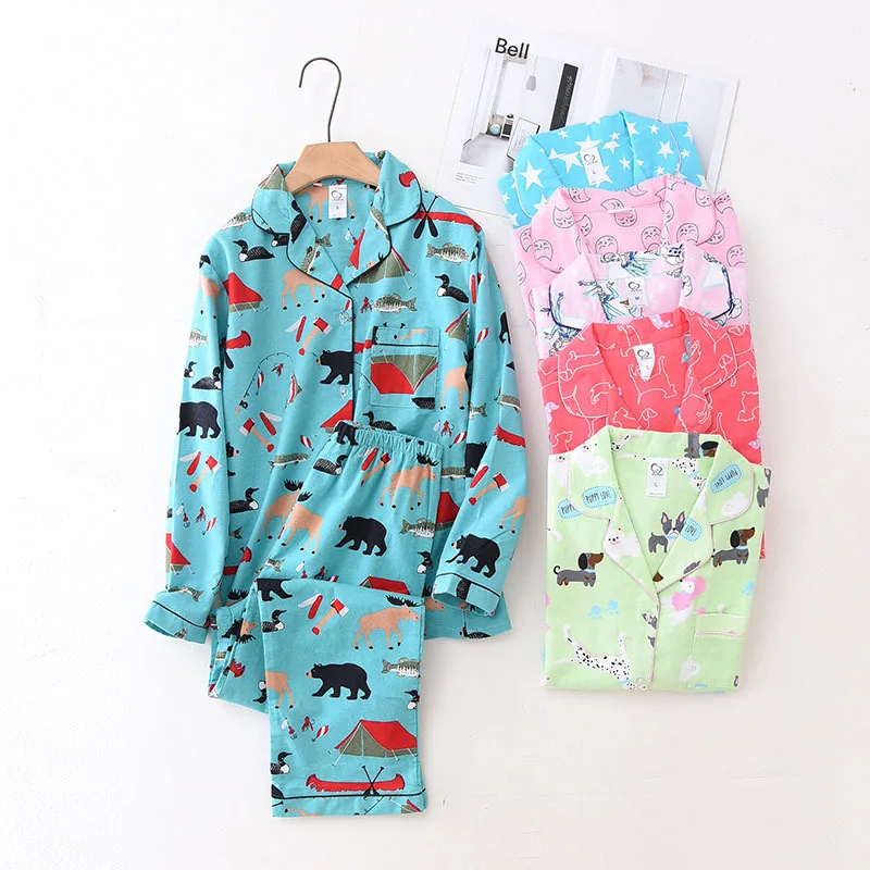 

100% Cotton Pyjamas Women Pajamas Sets Autumn Brushed Winter Warm Cute Cartoon Sleepwear Pijamas Mujer Pyjamas Womens Clothing